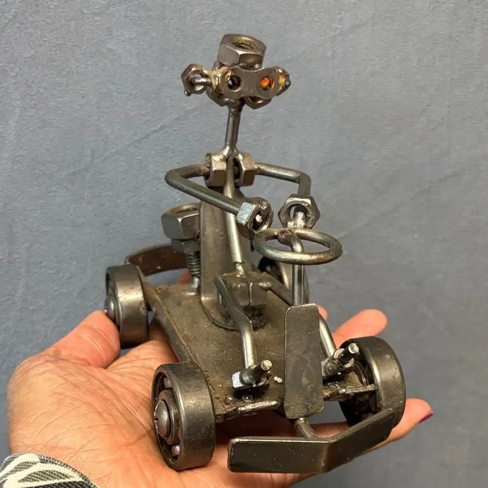 Vintage Handmade Welded Futuristic Metal Robot Car Toy Art Sculpture
